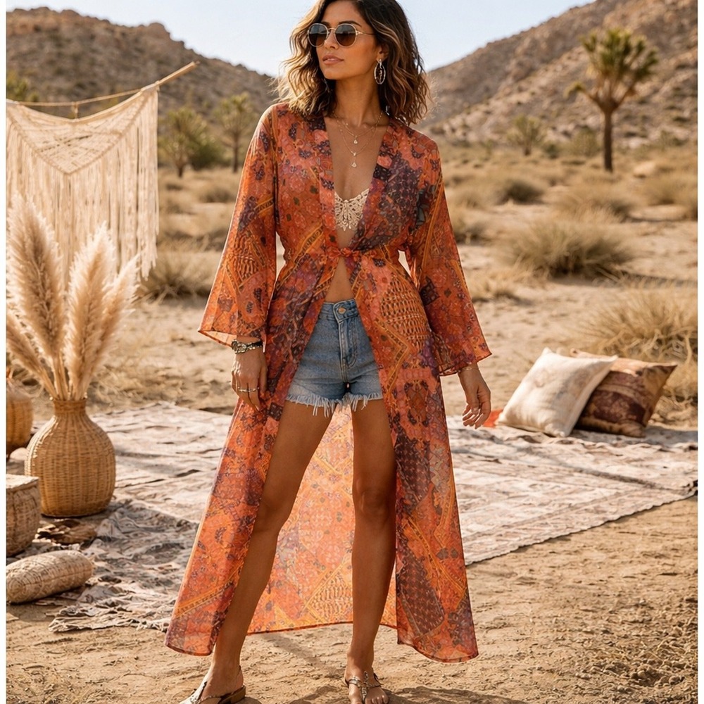 Boho Kimono Duster Sheer Patchwork Cardigan Medium Festival Hippie Indie Rave
